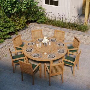 Teak garden furniture set 180cm Maximus round table 4cm top (8 Henley stacking chairs) including cushions.