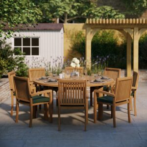 Alternative view of Teak garden furniture set 180cm Maximus round table 4cm top (8 Henley stacking chairs) including cushions.