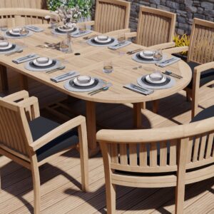 Alternative view of Teak garden furniture 180-240cm extendable table 4cm top (6 Henley stacking chairs 2 San Francisco benches) including cushions.