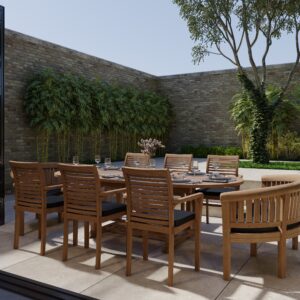 Alternative view of Teak garden furniture 180-240cm extendable table 4cm top (6 Oxford stacking chairs 2 San Francisco benches) including cushions.