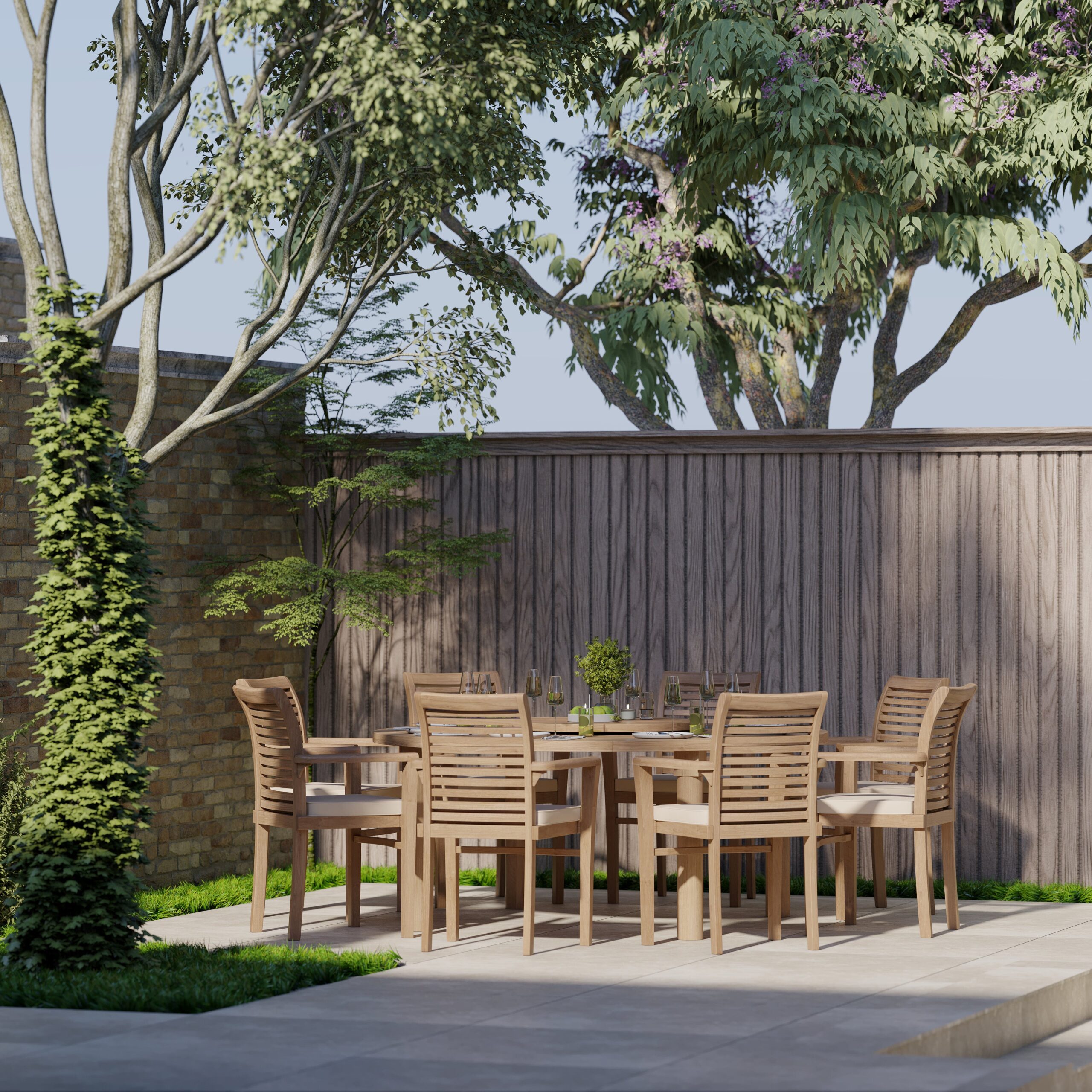 Teak garden furniture set 180 cm Maximus round table & 8 Oxford stacking chairs, including cushions. - Image 2