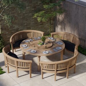 Alternative view of Teak garden furniture set 180cm Maximus round table (4 San Francisco benches) including cushions.