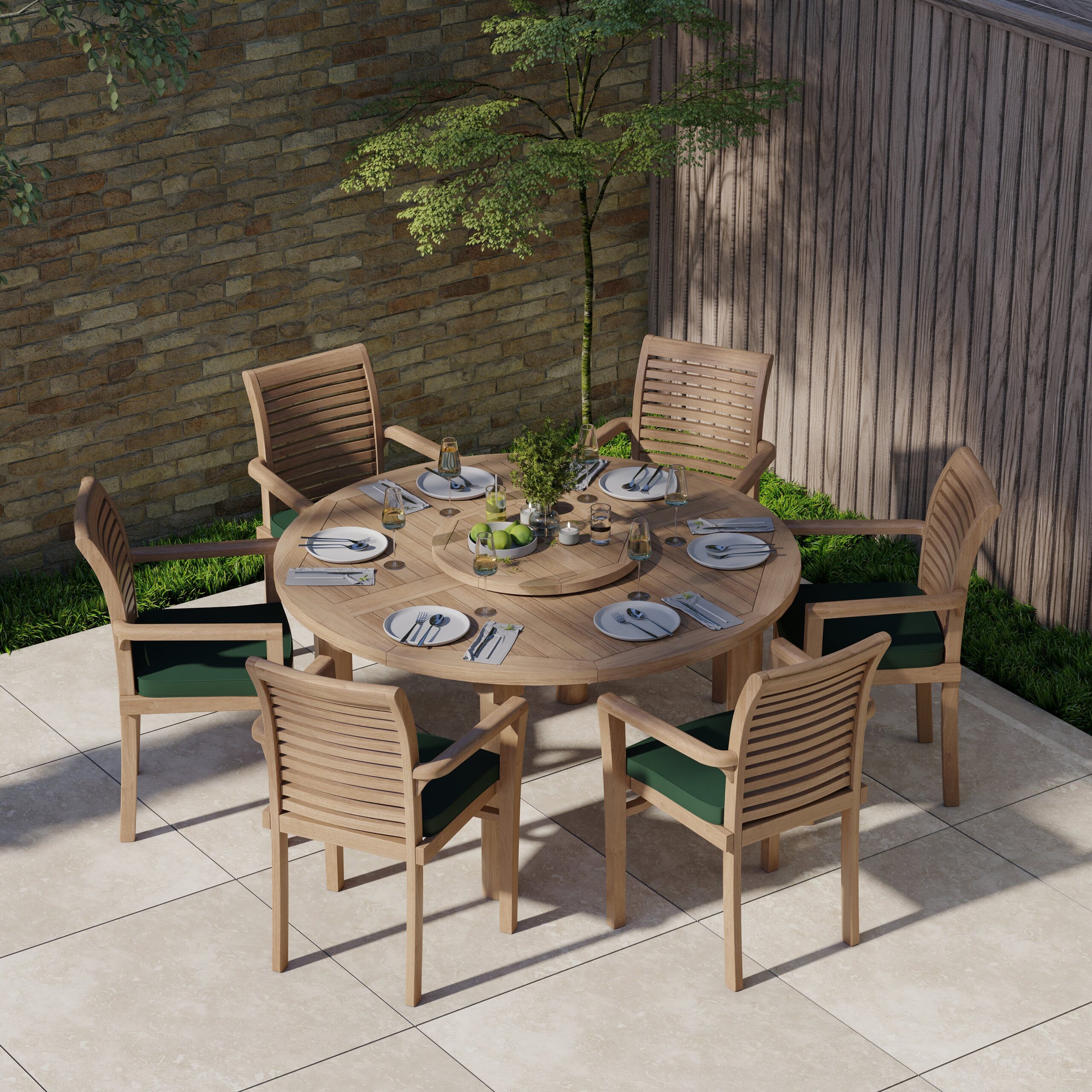 Teak garden furniture set 150cm Maximus round table & 6 Oxford stacking chairs, including cushions.