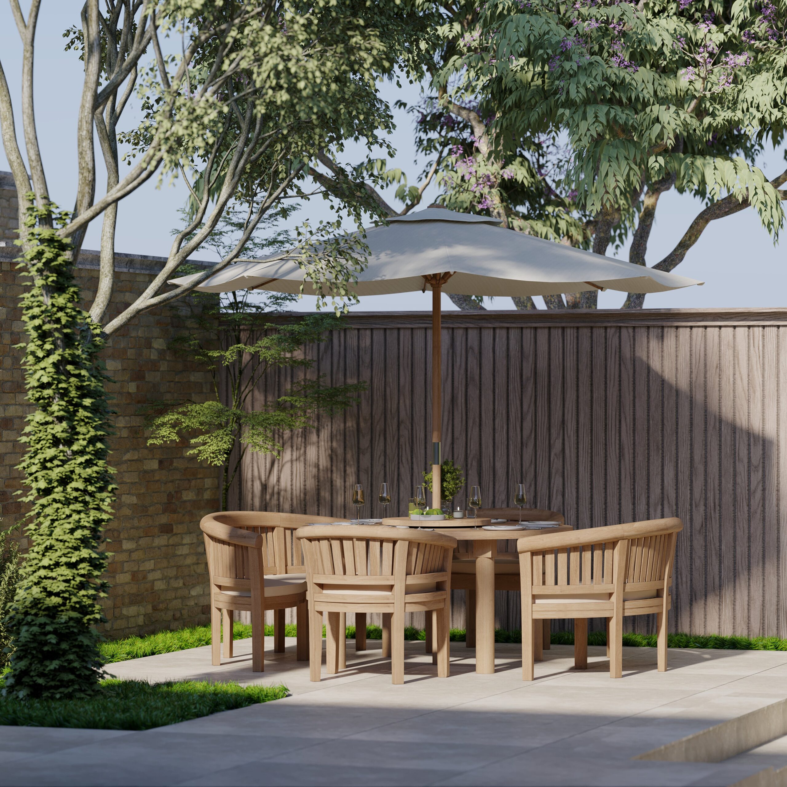 Teak garden furniture set 150cm Maximus round table (2 San Francisco benches & 2 San Francisco chairs) including cushions. - Image 4