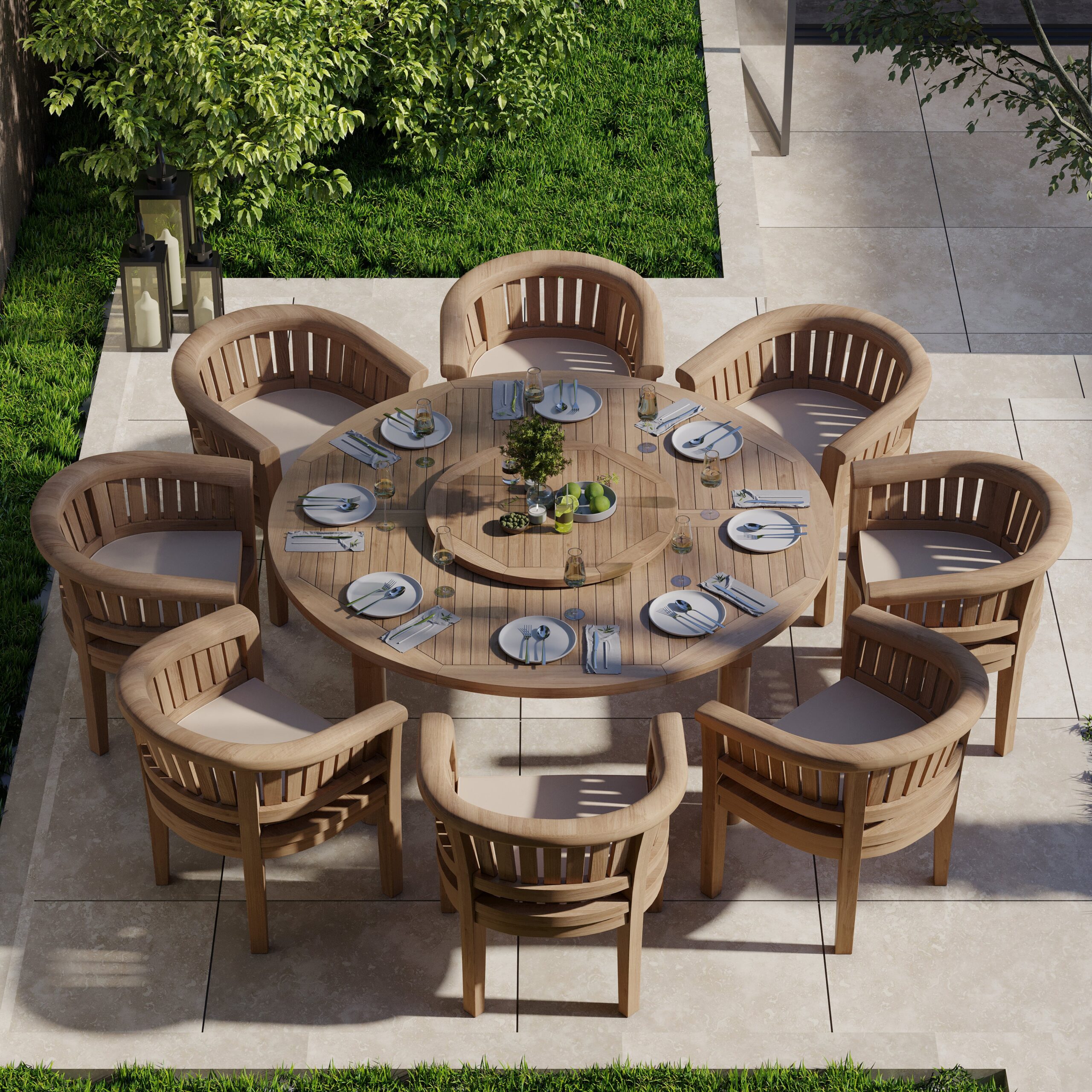 Teak garden furniture set 180cm Maximus round table (8 San Francisco chairs) including cushions.