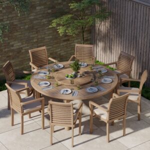Teak garden furniture set 180 cm Maximus round table & 8 Oxford stacking chairs, including cushions.