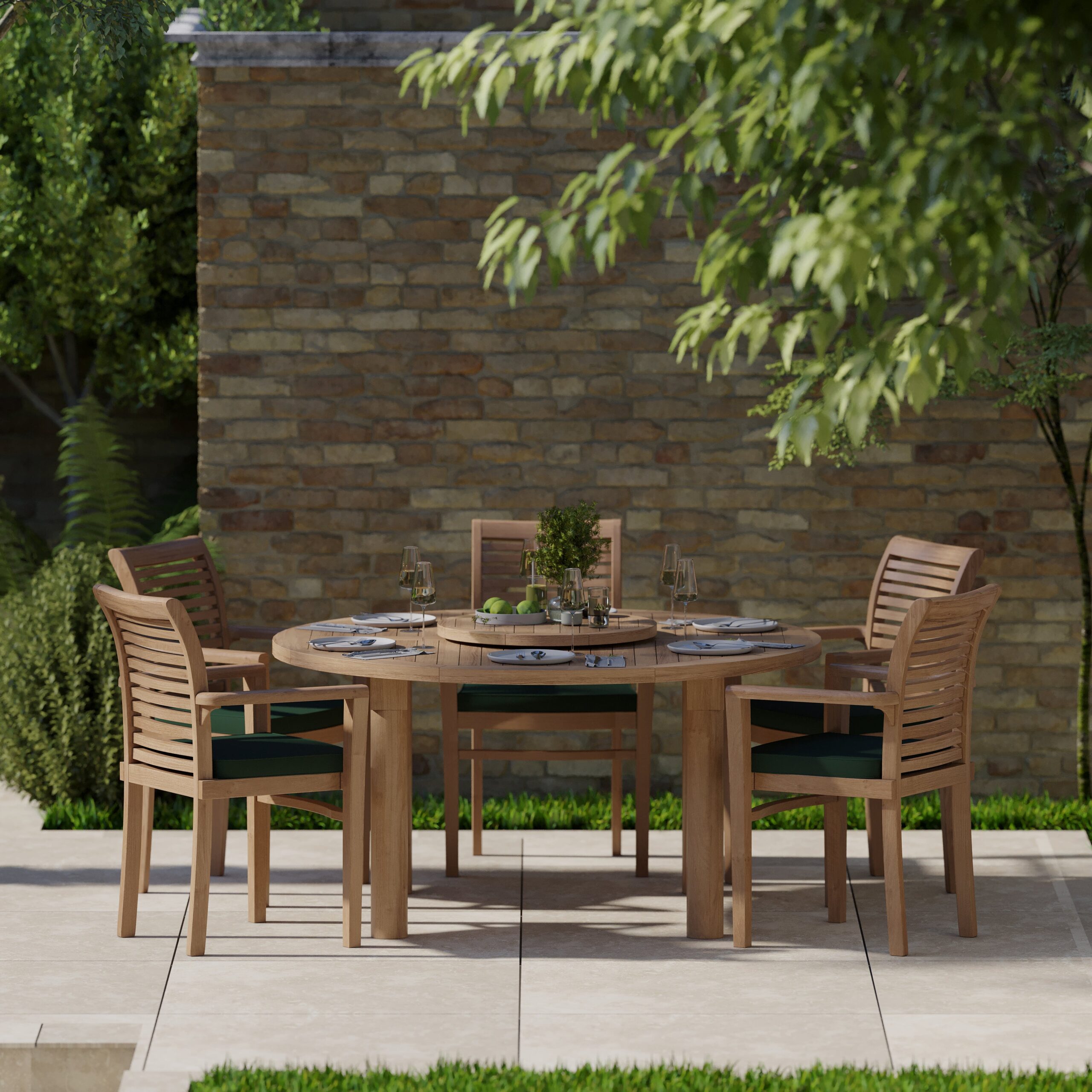 Teak garden furniture set 150cm Maximus round table & 6 Oxford stacking chairs, including cushions. - Image 3