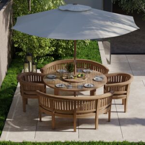 Alternative view of Teak garden furniture set 150cm Maximus round table (2 San Francisco benches & 2 San Francisco chairs) including cushions.