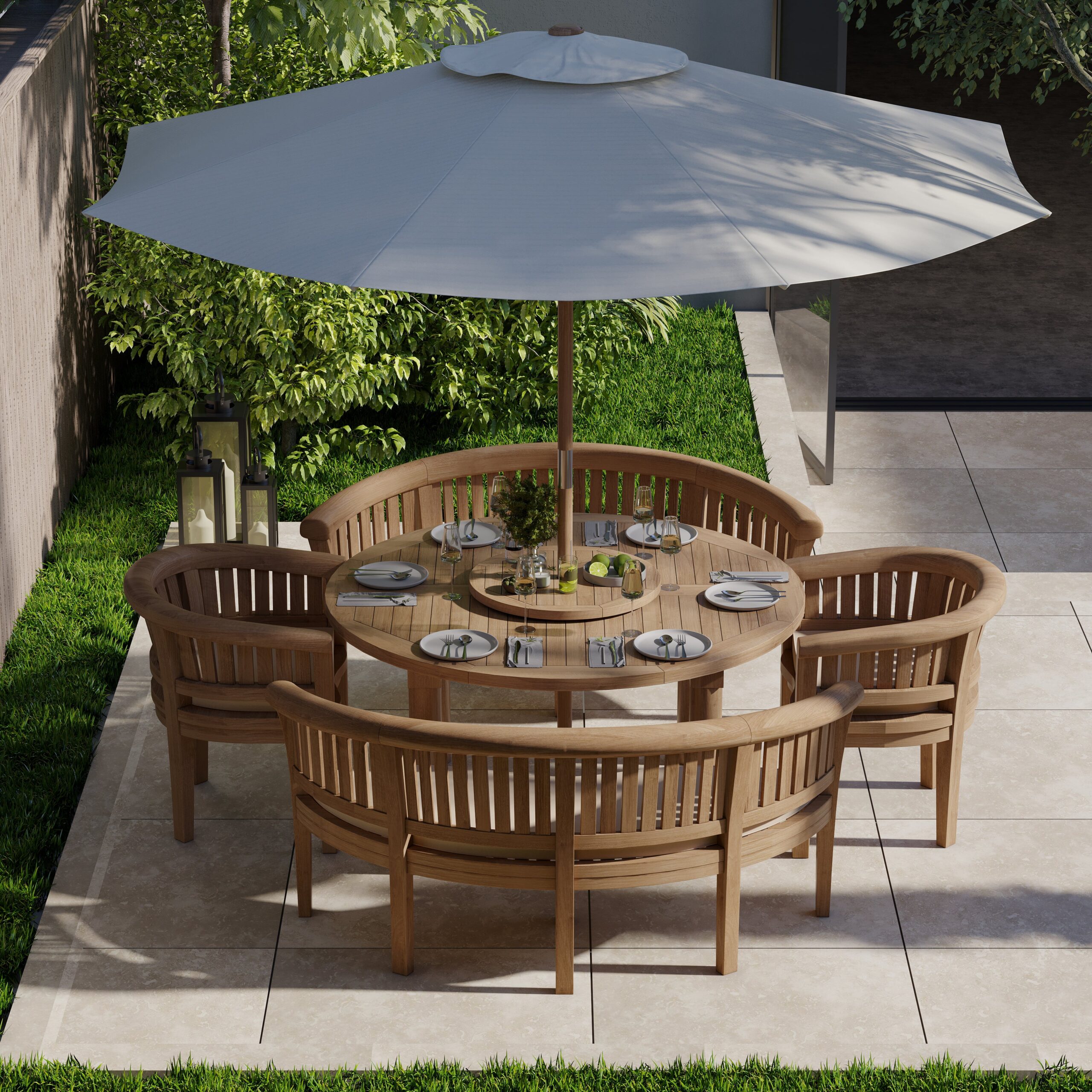 Teak garden furniture set 150cm Maximus round table (2 San Francisco benches & 2 San Francisco chairs) including cushions. - Image 2