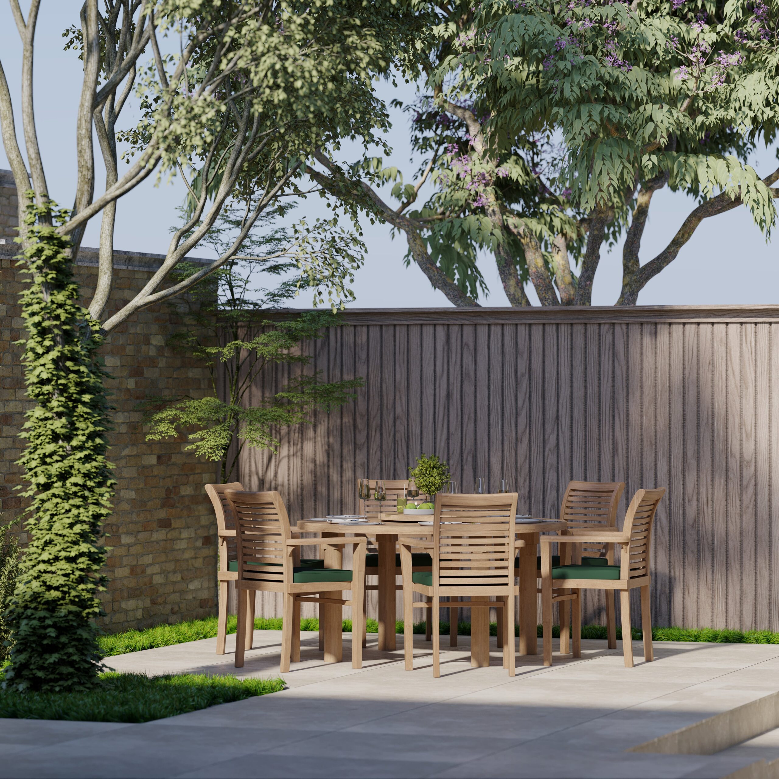 Teak garden furniture set 150cm Maximus round table & 6 Oxford stacking chairs, including cushions. - Image 4