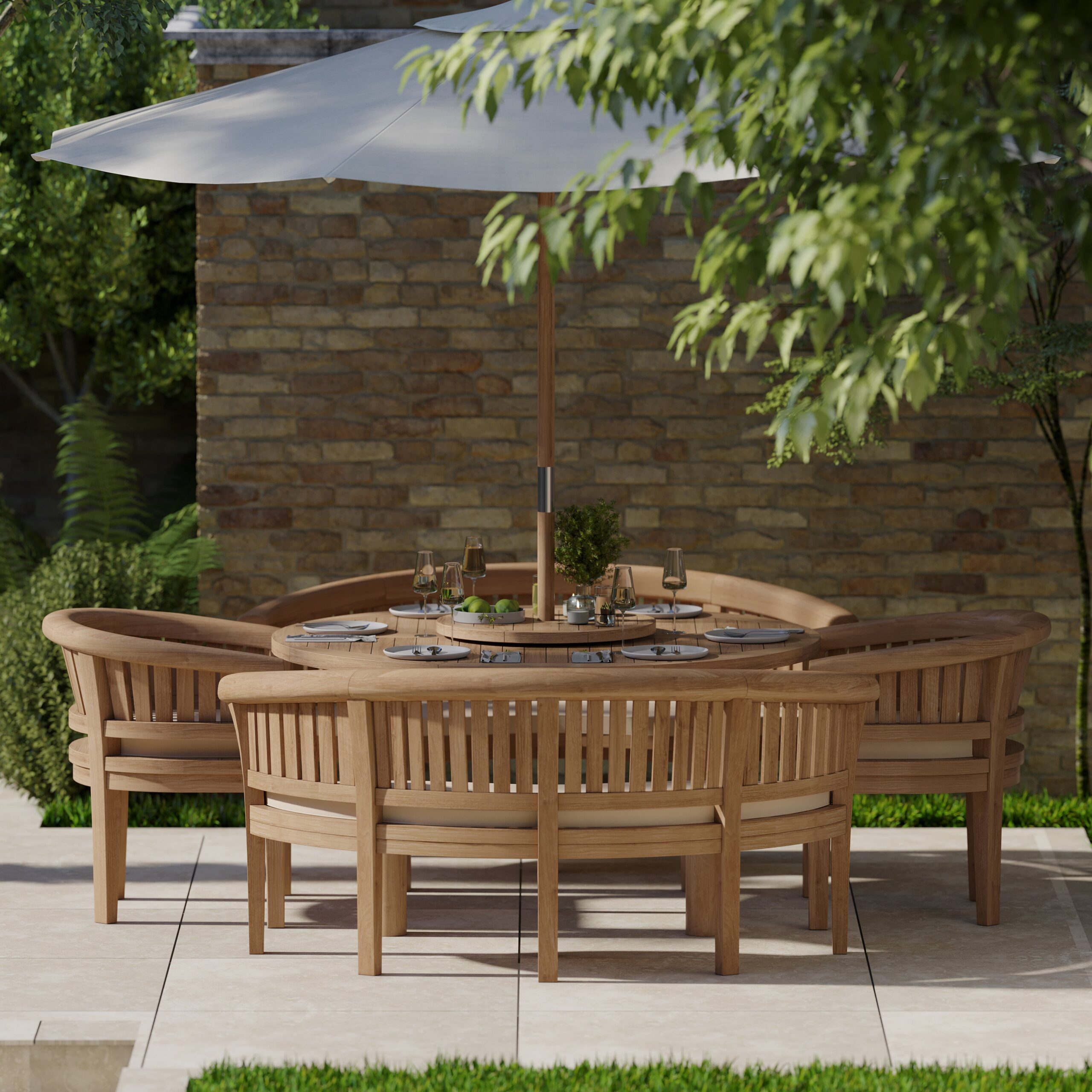 Teak garden furniture set 150cm Maximus round table (2 San Francisco benches & 2 San Francisco chairs) including cushions. - Image 3