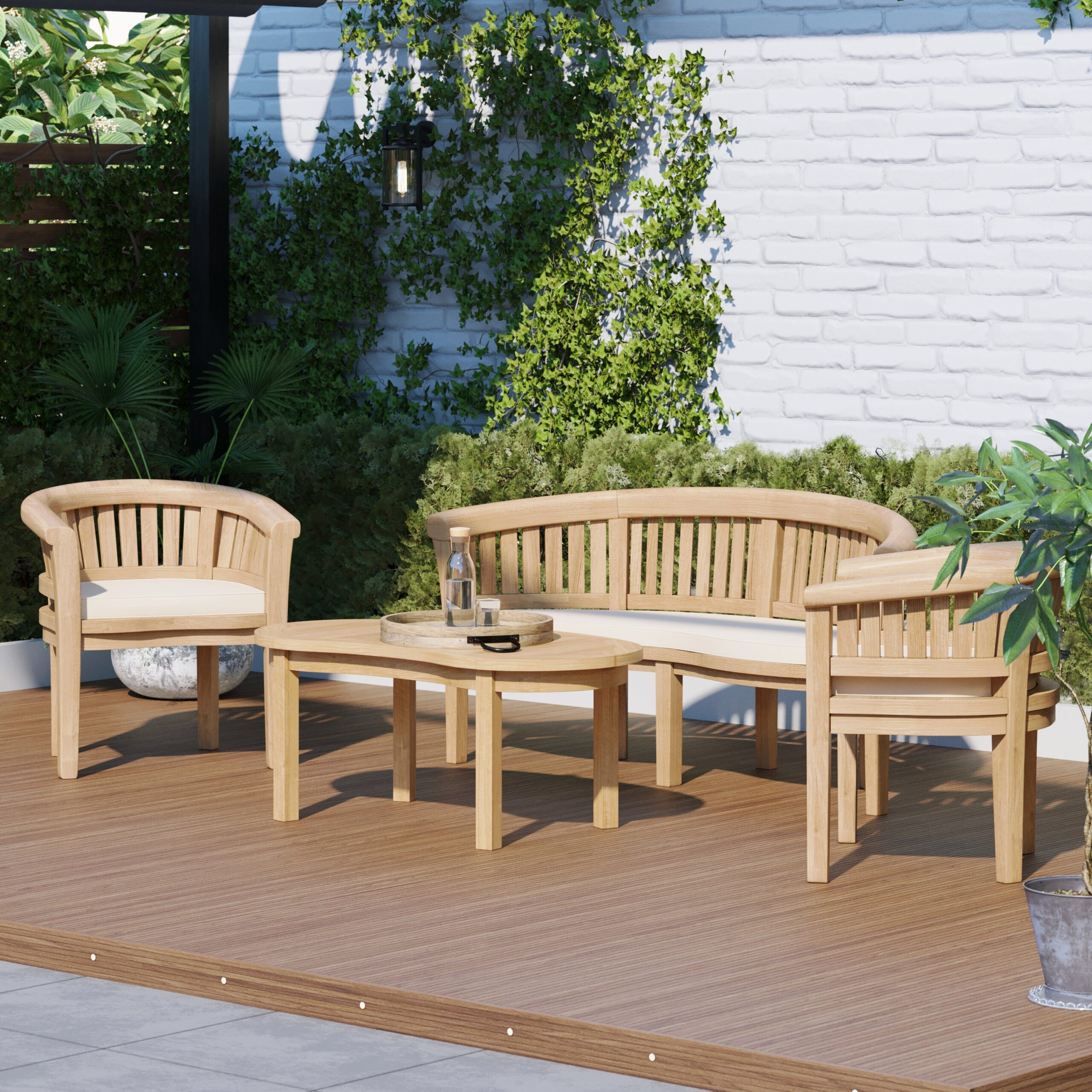 Teak San Francisco Bench Set (1 x Bench, 2 x Chair, 1 x Coffee Table) Free Cushions. - Image 2