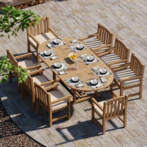 Teak 180-240cm Oval Extending Table, 4cm Top with 8 Warwick Chairs, Free Cushions.