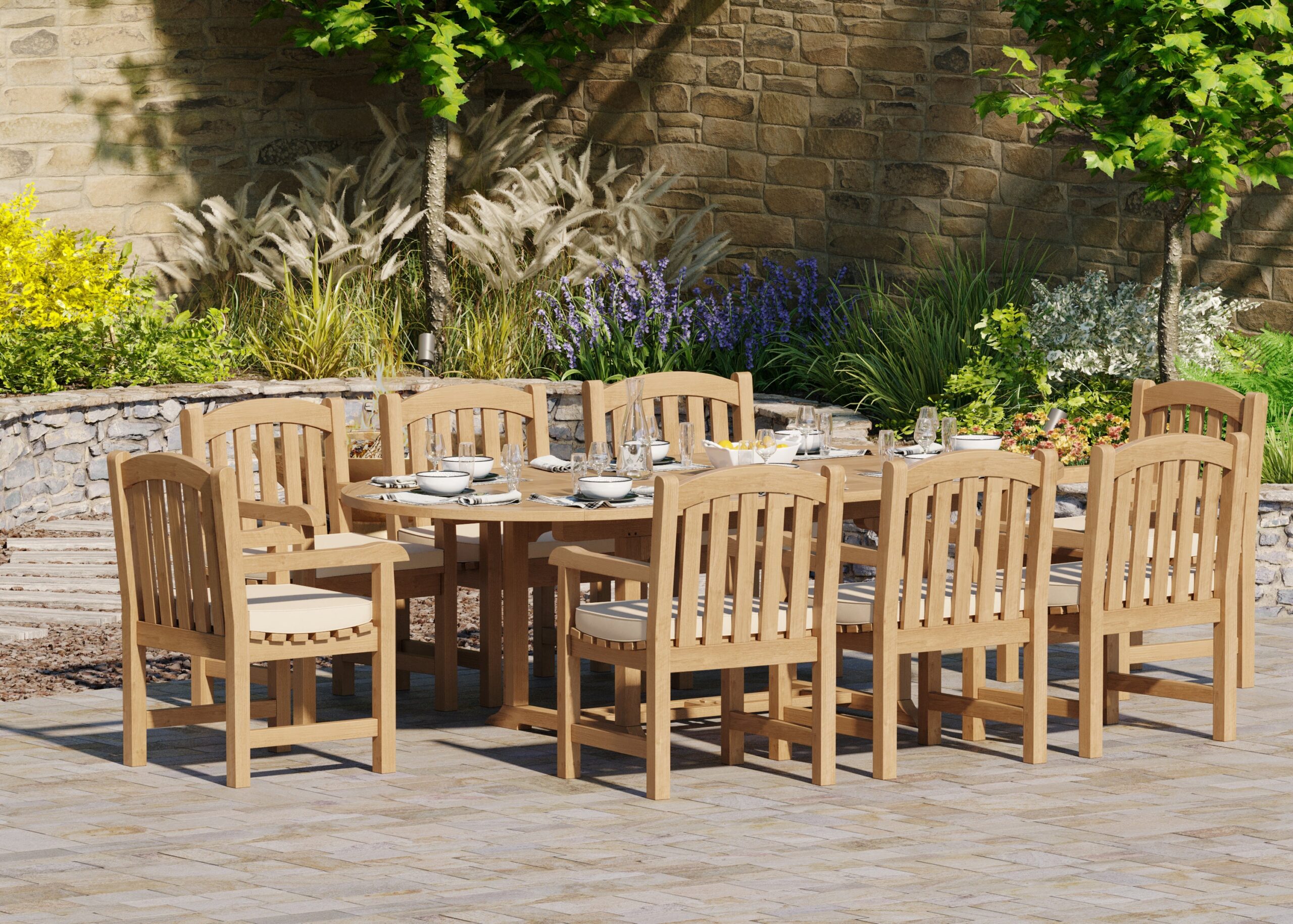 Teak 180-240cm Oval Extending Table, 4cm Top with 8 Warwick Chairs, Free Cushions. - Image 2