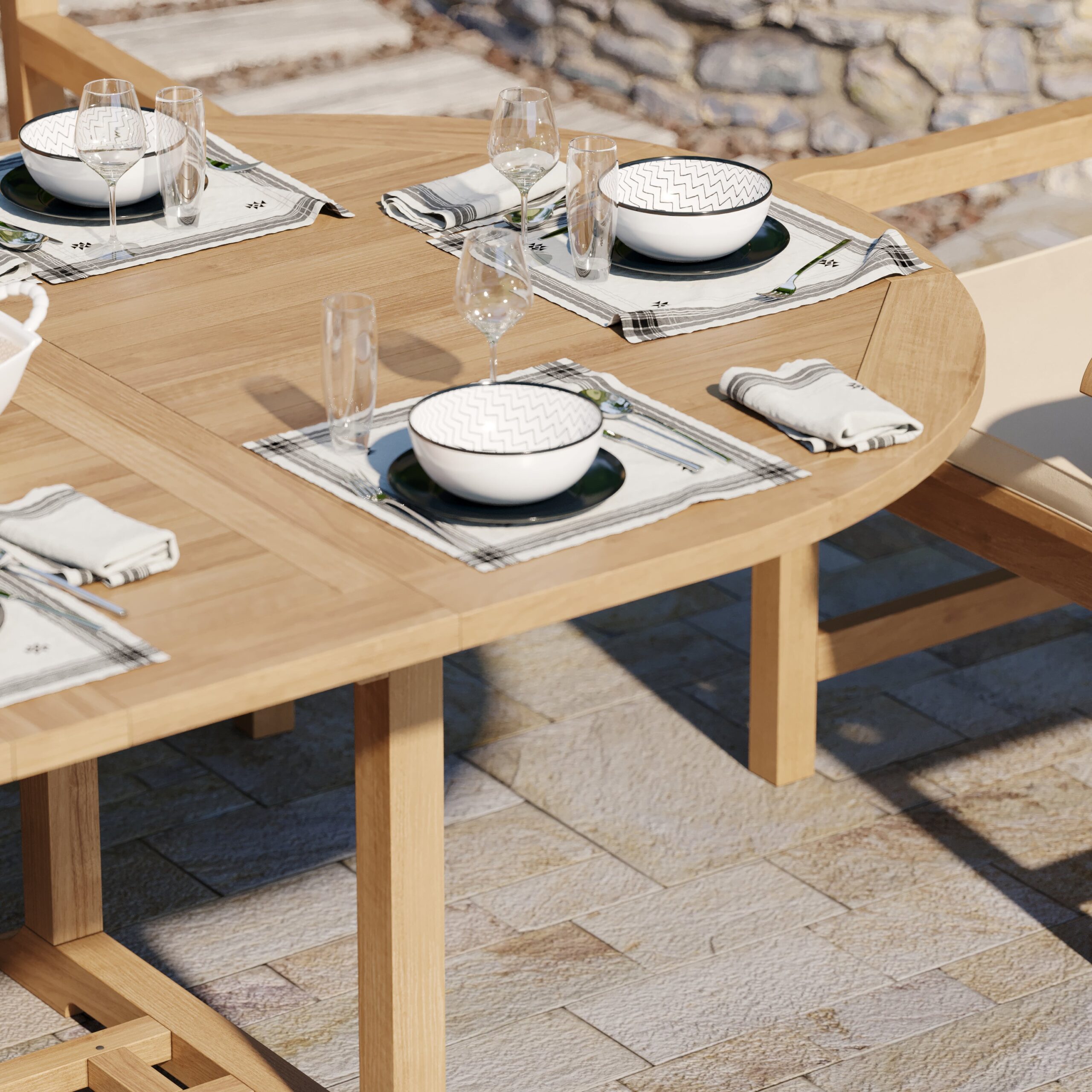 Teak 180-240cm Oval Extending Table, 4cm Top with 8 Warwick Chairs, Free Cushions. - Image 4