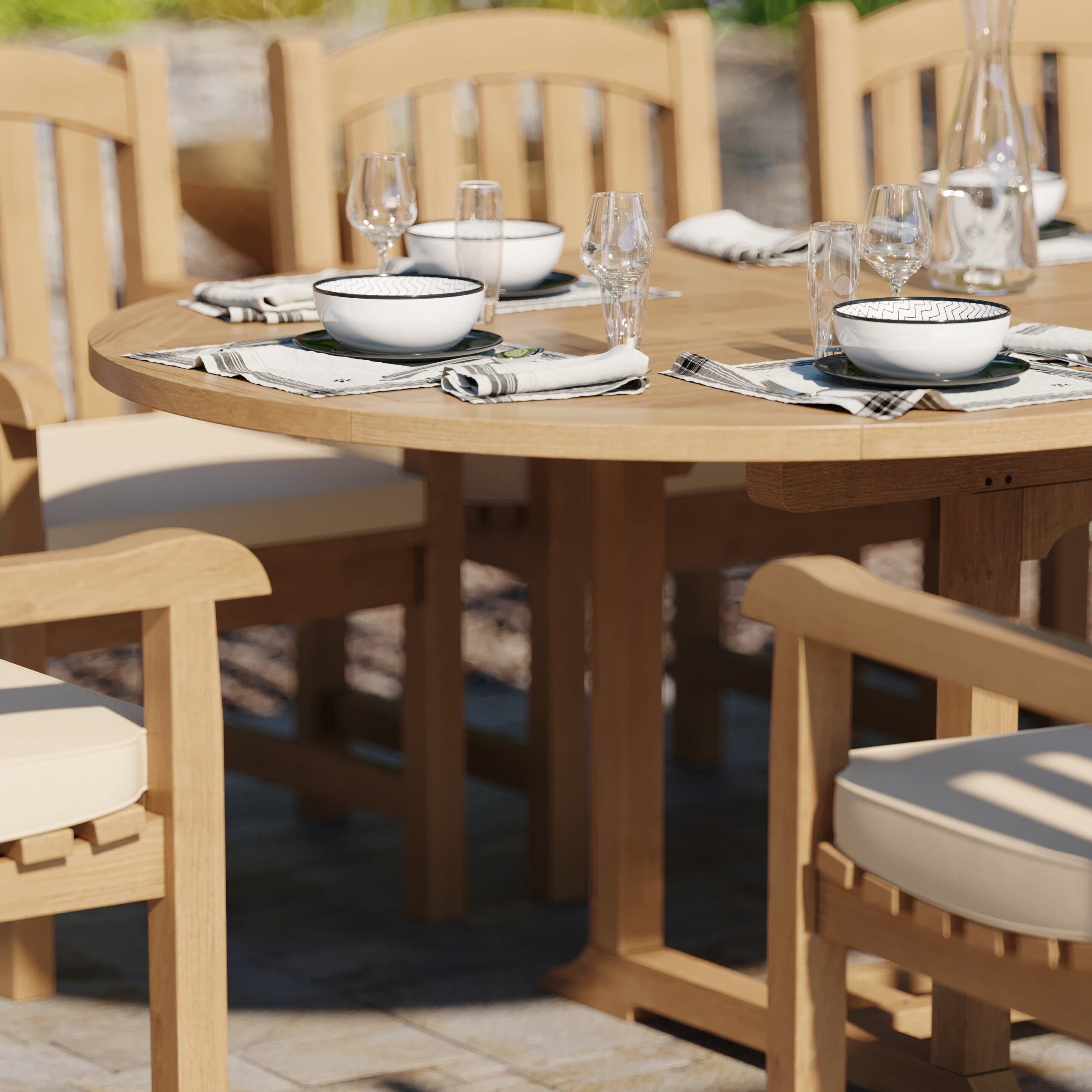 Teak 180-240cm Oval Extending Table, 4cm Top with 8 Warwick Chairs, Free Cushions. - Image 6