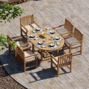 Teak Round to Oval 120-170cm Extending Table, 4cm Top with 6 Warwick Chairs, Free Cushions.