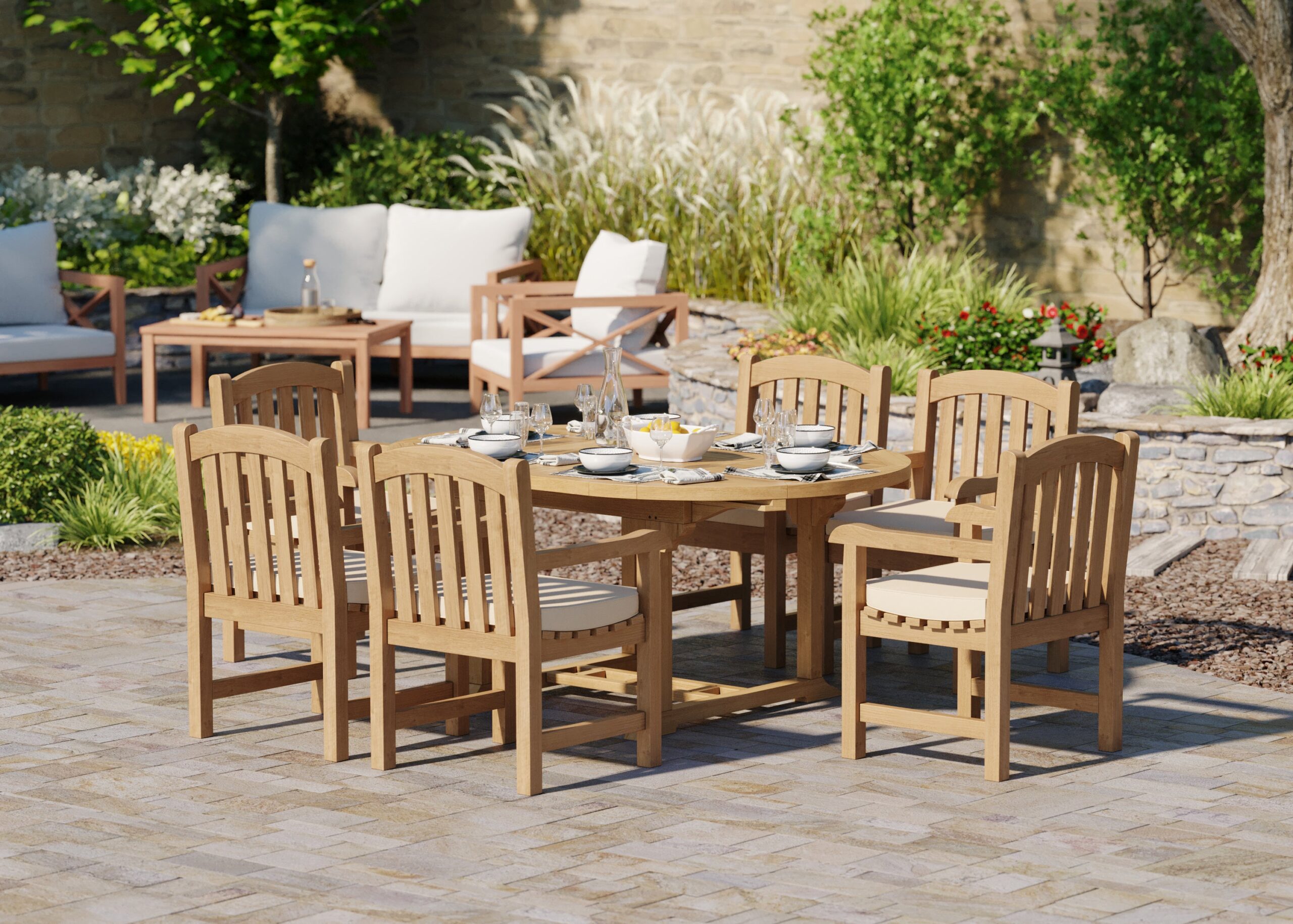Teak Round to Oval 120-170cm Extending Table, 4cm Top with 6 Warwick Chairs, Free Cushions. - Image 11