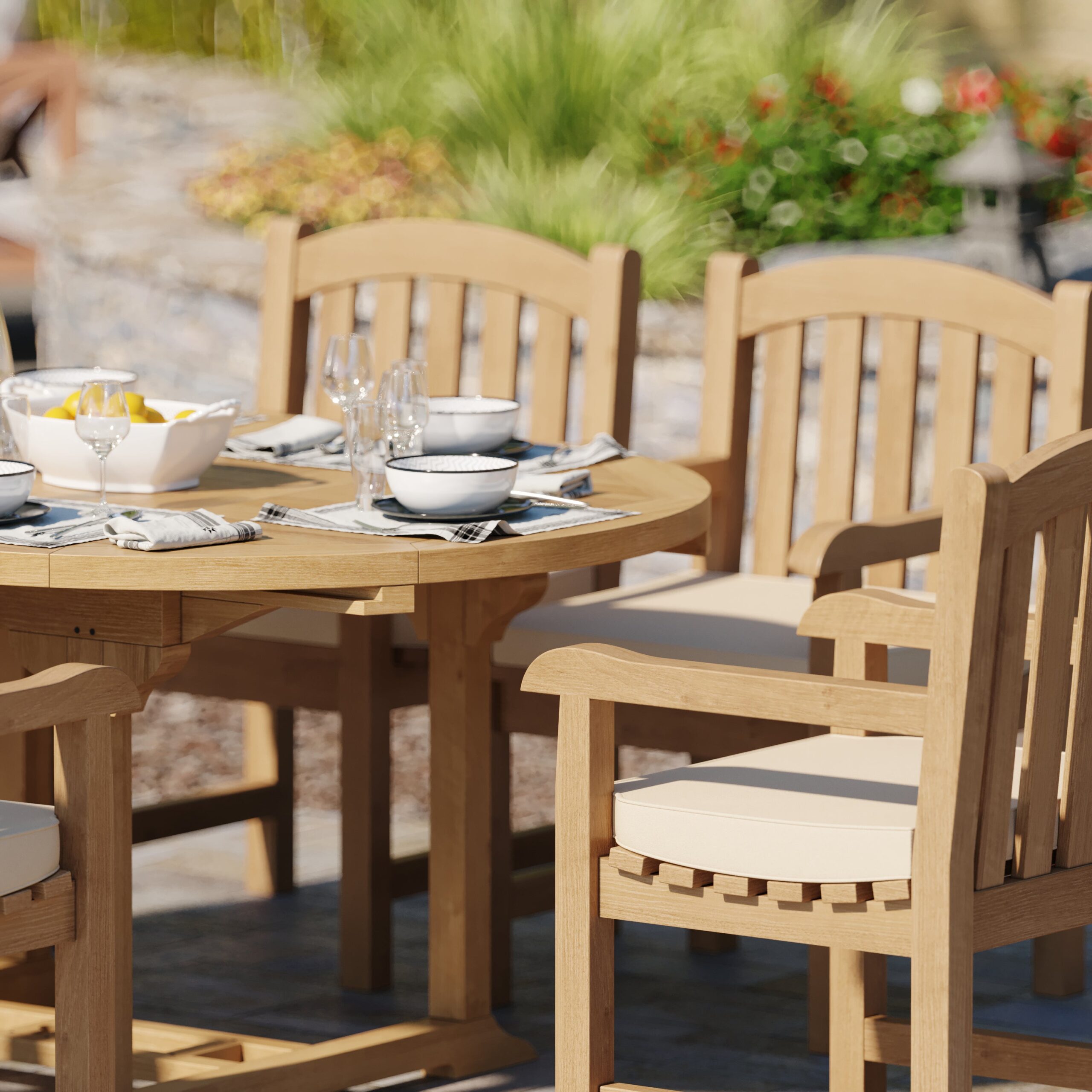 Teak Round to Oval 120-170cm Extending Table, 4cm Top with 6 Warwick Chairs, Free Cushions. - Image 7