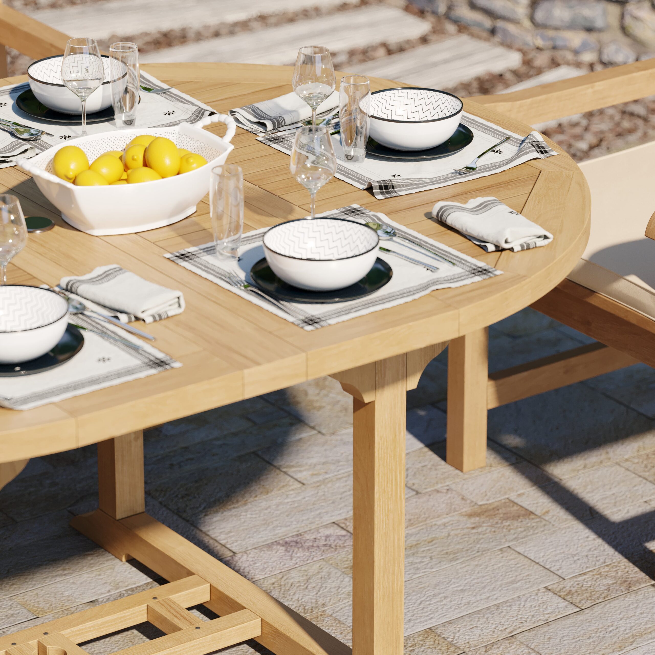 Teak Round to Oval 120-170cm Extending Table, 4cm Top with 6 Warwick Chairs, Free Cushions. - Image 3