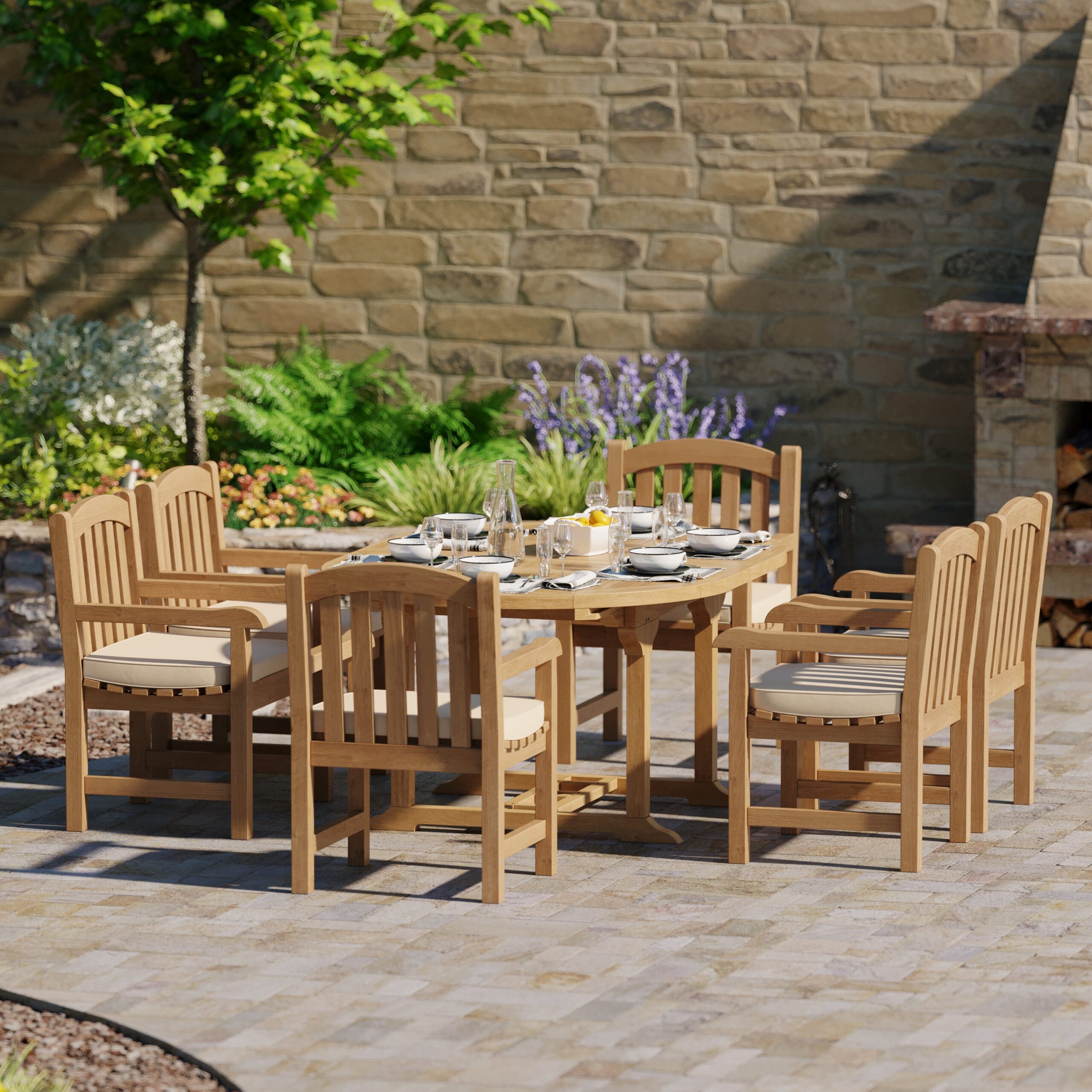 Teak Round to Oval 120-170cm Extending Table, 4cm Top with 6 Warwick Chairs, Free Cushions. - Image 2