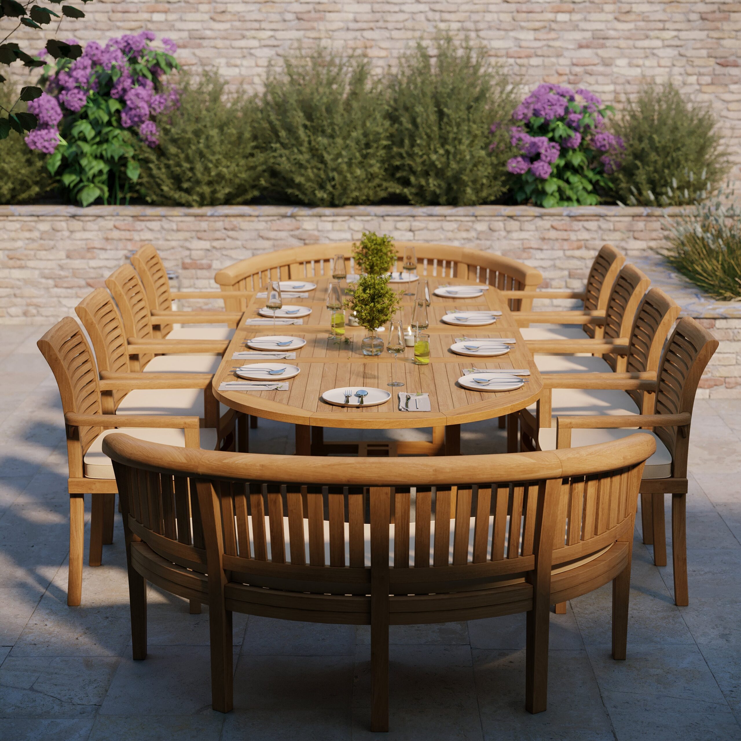 Teak Oval 2m to 3m Extending Table with 8 Oxford Stacking Chairs & 2 San Francisco Benches - Image 2