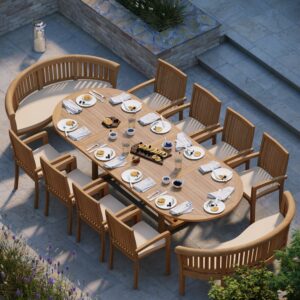 Alternative view of Teak 2-3m Oval Extending Table 4cm Top (8 Henley Stacking Chairs 2 San Francisco Benches) Free Cushions.