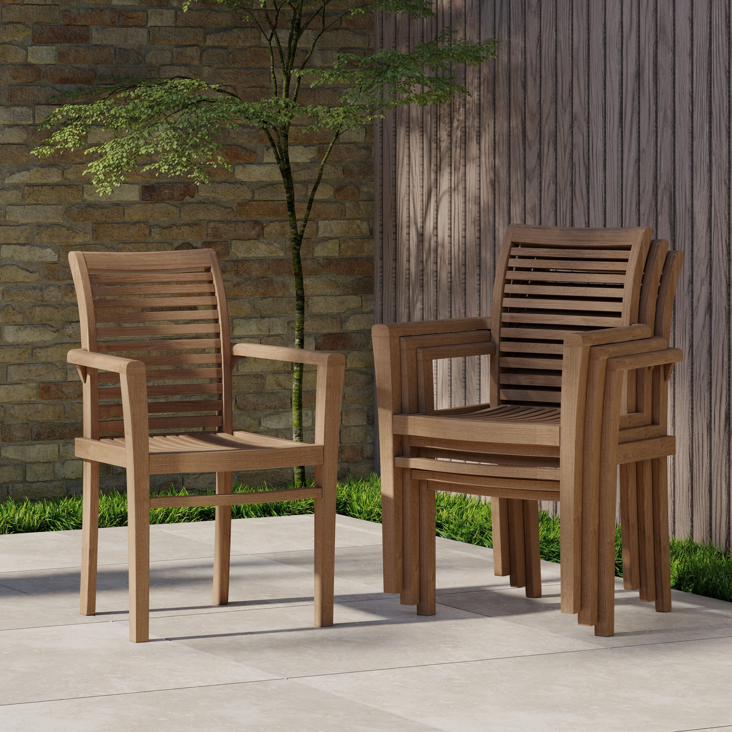 Teak garden furniture Oxford stacking chairs including cushions (price for 2)
